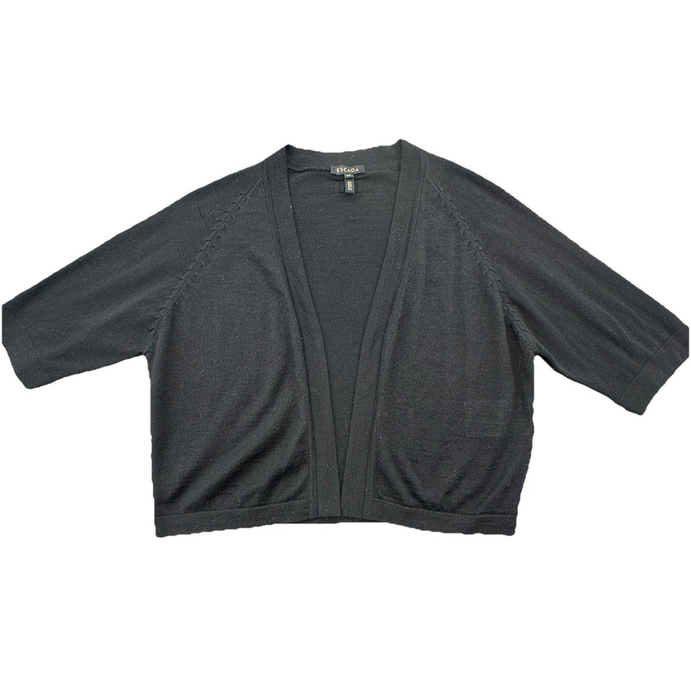 Escada Womens M Black Cropped Cardigan‎ Virgin Wool Silk Open Front 3/4 Sleeve